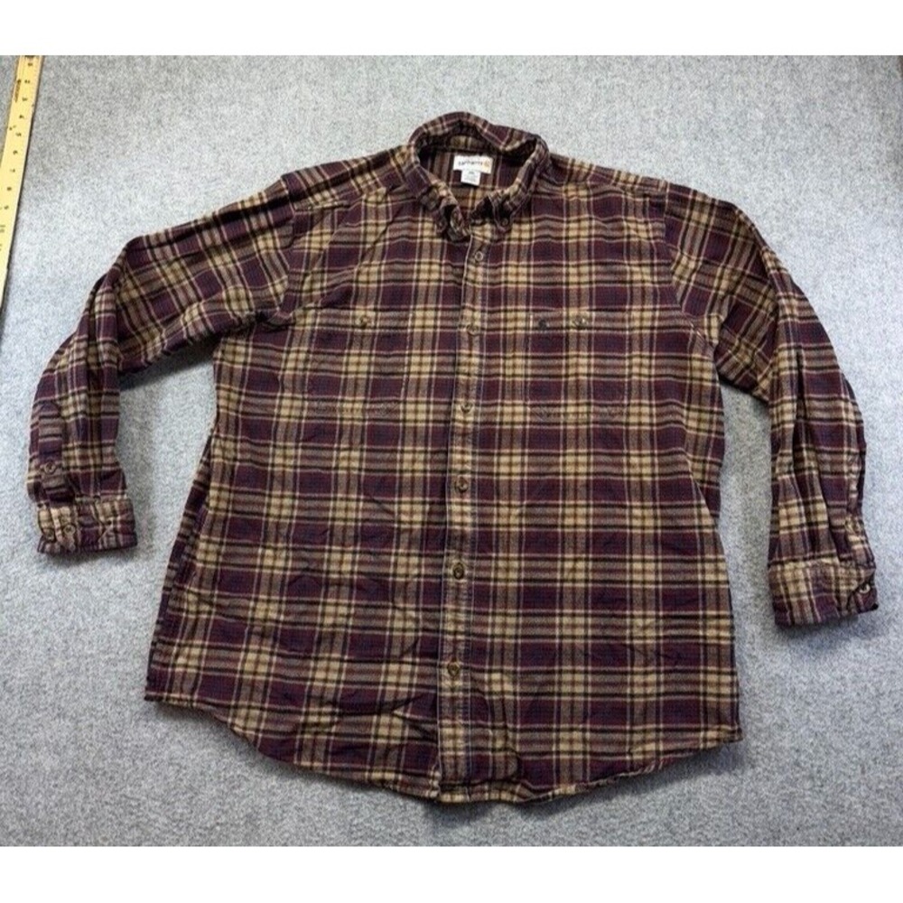Carhartt Flannel Shirt Mens 2XL Burgundy Tan Plaid Button Down Heavy Cotton